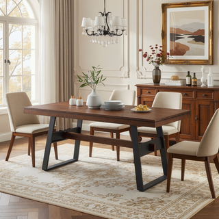 Sunvega Modern Industrial Dark Walnut Wood and Metal Dining Table Seats 8