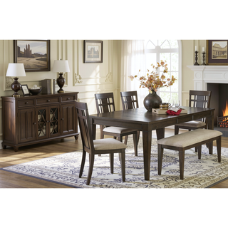 Sunvega Dark Brown Finish Wooden Dining Bench with Beige Fabric Upholstered Seat