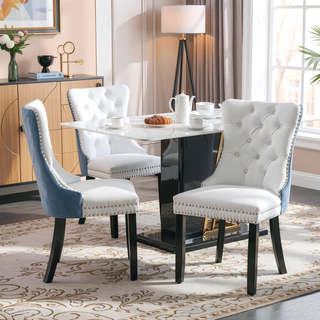 Sunvega Modern Tufted PU and Velvet Upholstered Dining Chair with Wood Legs and Nailhead Trim