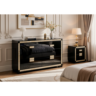 Sunvega Lively Black and Gold Nightstand with Glitter Detail and Spacious Drawers