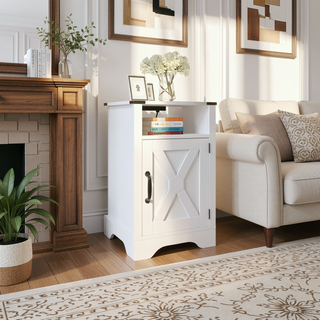 Sunvega White Oak Farmhouse Nightstand with Charging Station and Ample Storage