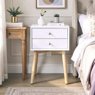 Sunvega Mid-Century Modern Bedside Table with 2 Drawers and Rubber Wood Legs
