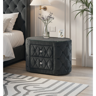 Sunvega Modern Oval Nightstand with Plush Tufted Upholstery and 8mm Tempered Glass Top