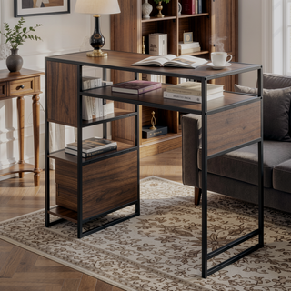 Sunvega Display Farmhouse Bar Height Table with Storage in Black Metal and Walnut Wood
