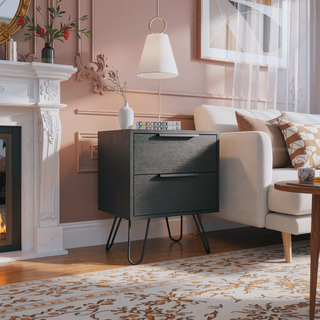 Sunvega Nightstand with Two Drawers and Four Steel Hairpin Legs
