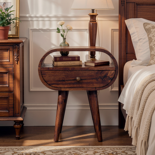 Sunvega Honey Caramel Solid Mango Wood Round Bedside Table with One Drawer