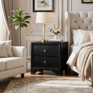 Sunvega Solid Wood Nightstand with 2 Textured Drawers and Crystal Knob Pulls