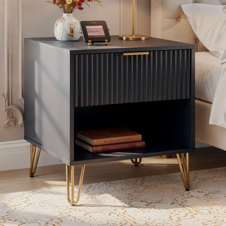 Sunvega Modern Glam Nightstand with Gold Metal Legs and Textured Drawer
