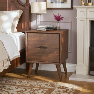 Sunvega Mid-Century Modern Walnut Brown Night Stand with 2 Drawers for Bedroom
