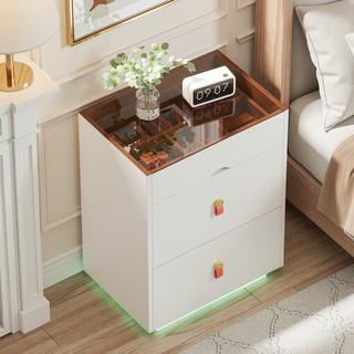 Sunvega Modern Nightstand with LED Light 3 Drawers Glass Top Jewelry Storage
