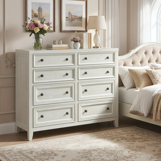 Sunvega Gypsum Whitewash Eight Drawer Dresser with Framed Fronts and Smooth Glides