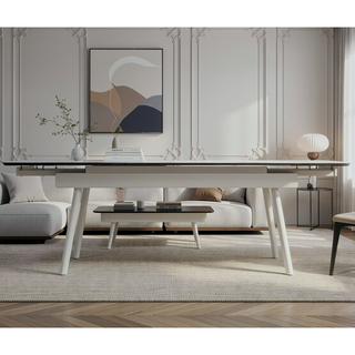 Sunvega Extendable White Sintered Stone Dining Table with Stainless Steel Legs for Modern Minimalist Homes