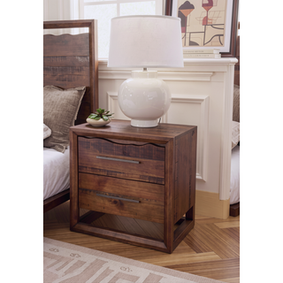 Sunvega Hand-Stained Mocha Pine Wood 2-Drawer Nightstand with Antique Silver Hardware