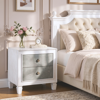Sunvega Modern Farmhouse Nightstand with 2 Drawers in Rustic Gray White Finish