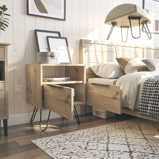 Sunvega Light Oak Nightstand with Hairpin Legs, Single Door Cabinet and Drawer for Bedroom