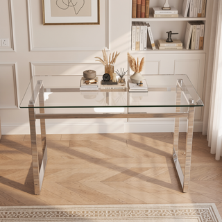 Sunvega 51" Modern Minimalist Rectangular Glass Dining Table for 4-6 with Silver Chrome Metal Legs