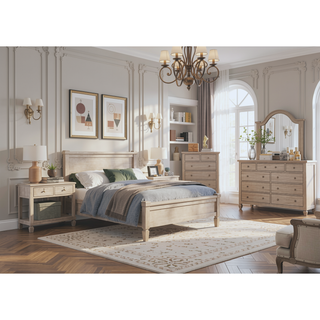 Sunvega Gray Oak Finish Classic Transitional Nightstand with 2 Drawers and Open Shelf