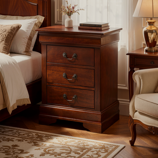 Sunvega Warm Cherry Finish Nightstand with Three Large Drawers for Bedroom