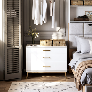 Sunvega 3-Drawer Dresser with Gold Bar Pull Handles and Curved Metal Legs