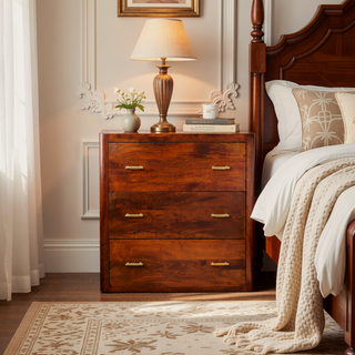 Sunvega Handcrafted Solid Mango Wood Chest of 3 Drawers with Gold Knobs