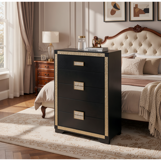 Sunvega Lively Black and Gold Nightstand with Glitter Detail and Spacious Drawers