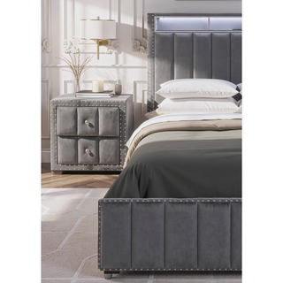 Sunvega Beige Contemporary Nightstand with Crystal Knobs and Vertical Tufting
