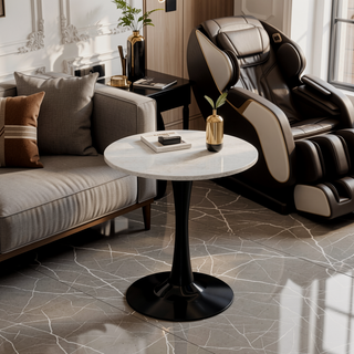 Sunvega Round White Pedestal Side Table with Marble Effect Top for Living Room