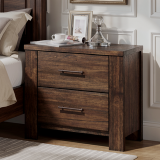 Sunvega Oak Nightstand with Two Drawers and Antique Brass Hardware for Bedroom
