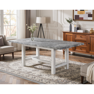 Sunvega Gray Marble Top Dining Table with White Finish and Cross Stretchers