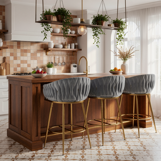 Sunvega Lambswool Fabric Counter Height Bar Stools Set of 2 with Wave Back