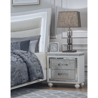 Sunvega White Crushed Crystal Drawer Nightstand with Mirrored Accent