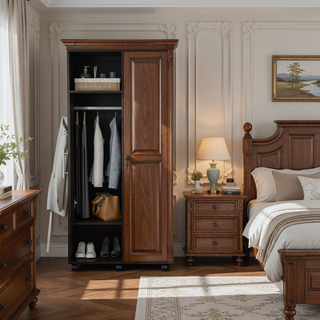 Sunvega Freestanding Wardrobe with Mirror, Shelves, Hanging Rod and Casters for Bedroom