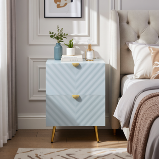 Sunvega Grey High Gloss Modern Nightstand with Two Drawers and Gold Finish