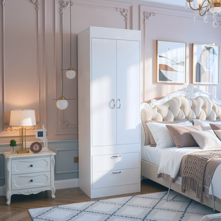 Sunvega White Armoire with Double Doors Two Drawers and Metal Handles