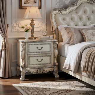 Sunvega Vintage Bone White Nightstand with Two Felt-Lined Drawers and Wooden Claw Legs