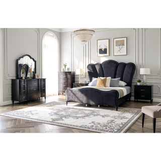 Sunvega Glam Modern Black Nightstand with Curved Front Panels and Turned Wood Leg