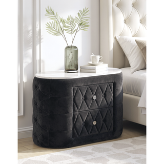 Sunvega Oval Faux Marble Top Nightstand with Two Drawers and Button Tufted Black Fabric