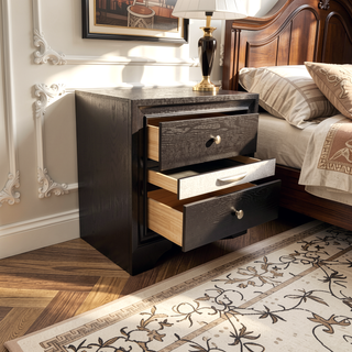 Sunvega White Acacia Wood Nightstand with Metal Drawer Pulls and Dovetail Joints