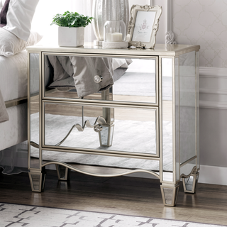 Sunvega Glam Silver Finish Nightstand with Mirror Panels and Crystal Knobs