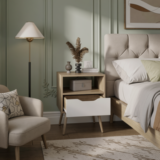 Sunvega Natural Oak and White Modern Nightstand with Drawer and Open Shelf