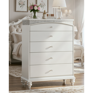 Sunvega Platinum Finish Chest with Five Spacious Drawers and Rhinestone Inlays