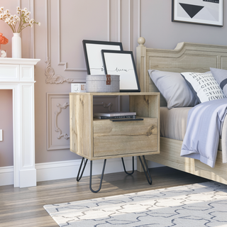 Sunvega Light Oak Nightstand with Hairpin Legs and Drawer for Bedroom or Living Room
