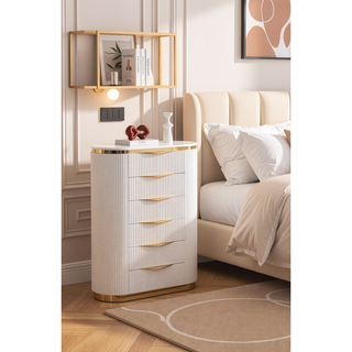 Sunvega White and Gold Detailed Chest with 6 Spacious Drawers for Bedroom