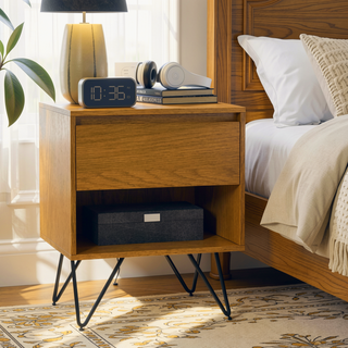 Sunvega Industrial Modern Oak Veneer Nightstand with Drawer and Open Storage