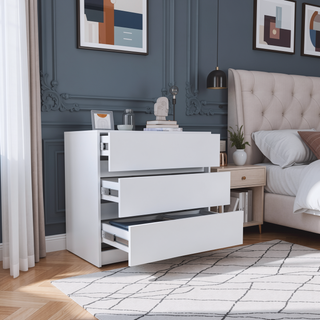 Sunvega White Three Drawer Dresser with Pull Out Mechanism and Metal Rails