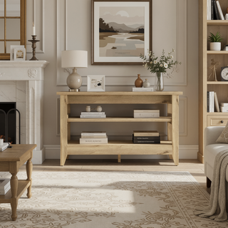 Sunvega Light Oak Storage Bench with Two Open Shelves and Four Legs