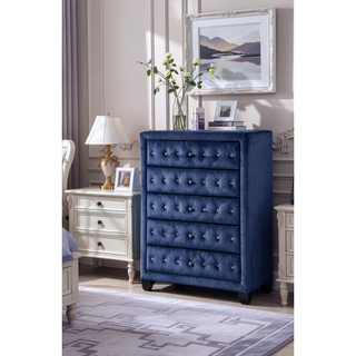 Sunvega Sophia Cream Velvet Upholstered Crystal Tufted 5-Drawer Chest for Bedroom