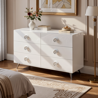 Sunvega Modern White Dresser with Six Spacious Storage Drawers and Chrome Legs