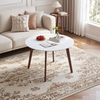 Sunvega Minimalist Mid Century Modern White Top Dining Table with Solid Wood Legs