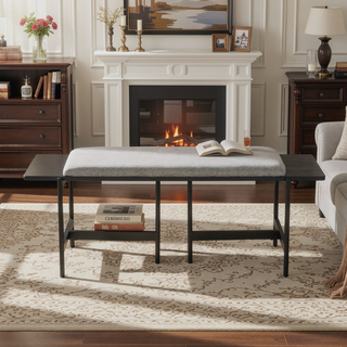 Sunvega Contemporary Black Metal and Grey Fabric Bench with Distressed Wood Accent